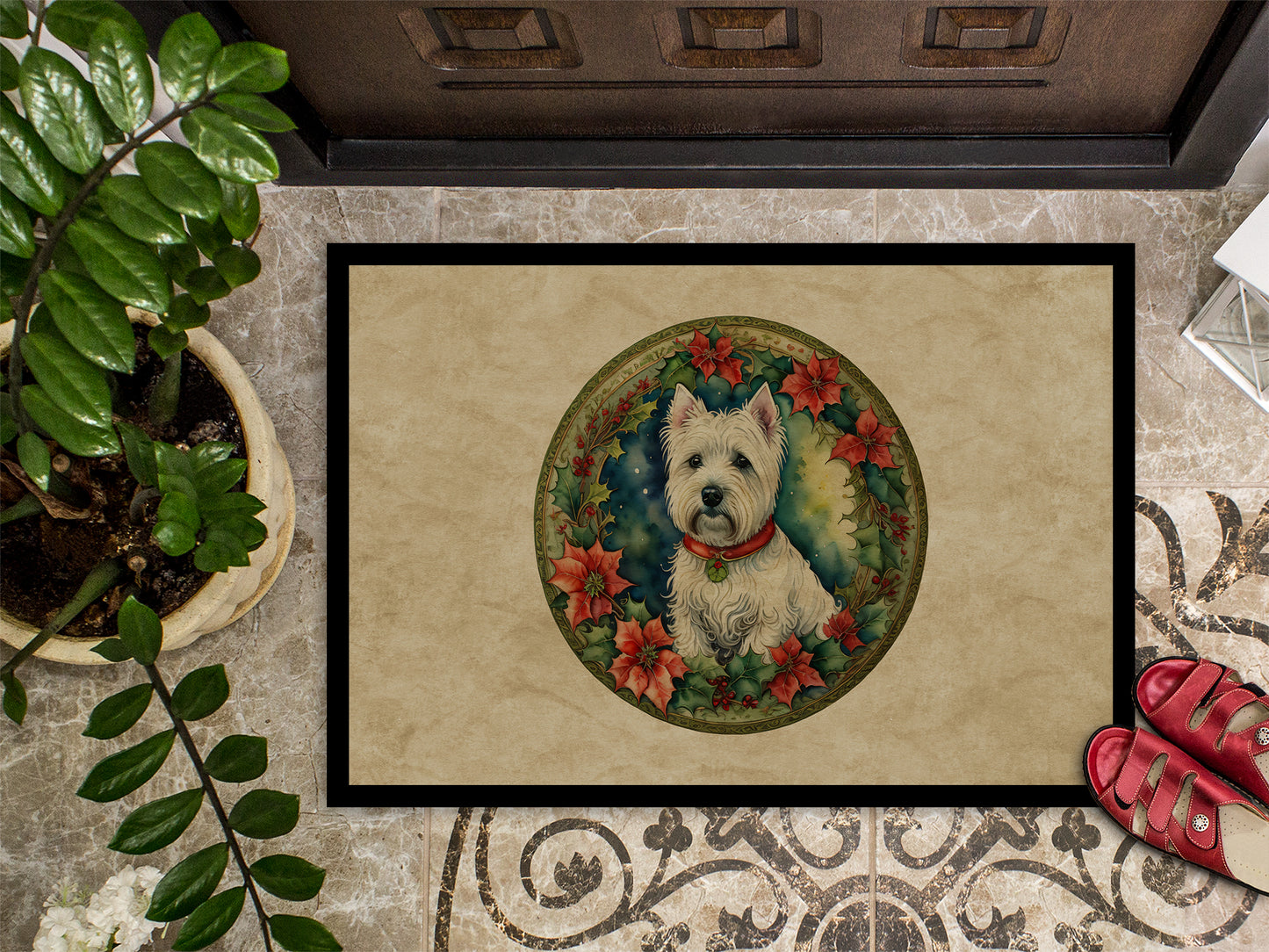 Westie Christmas Flowers Doormat