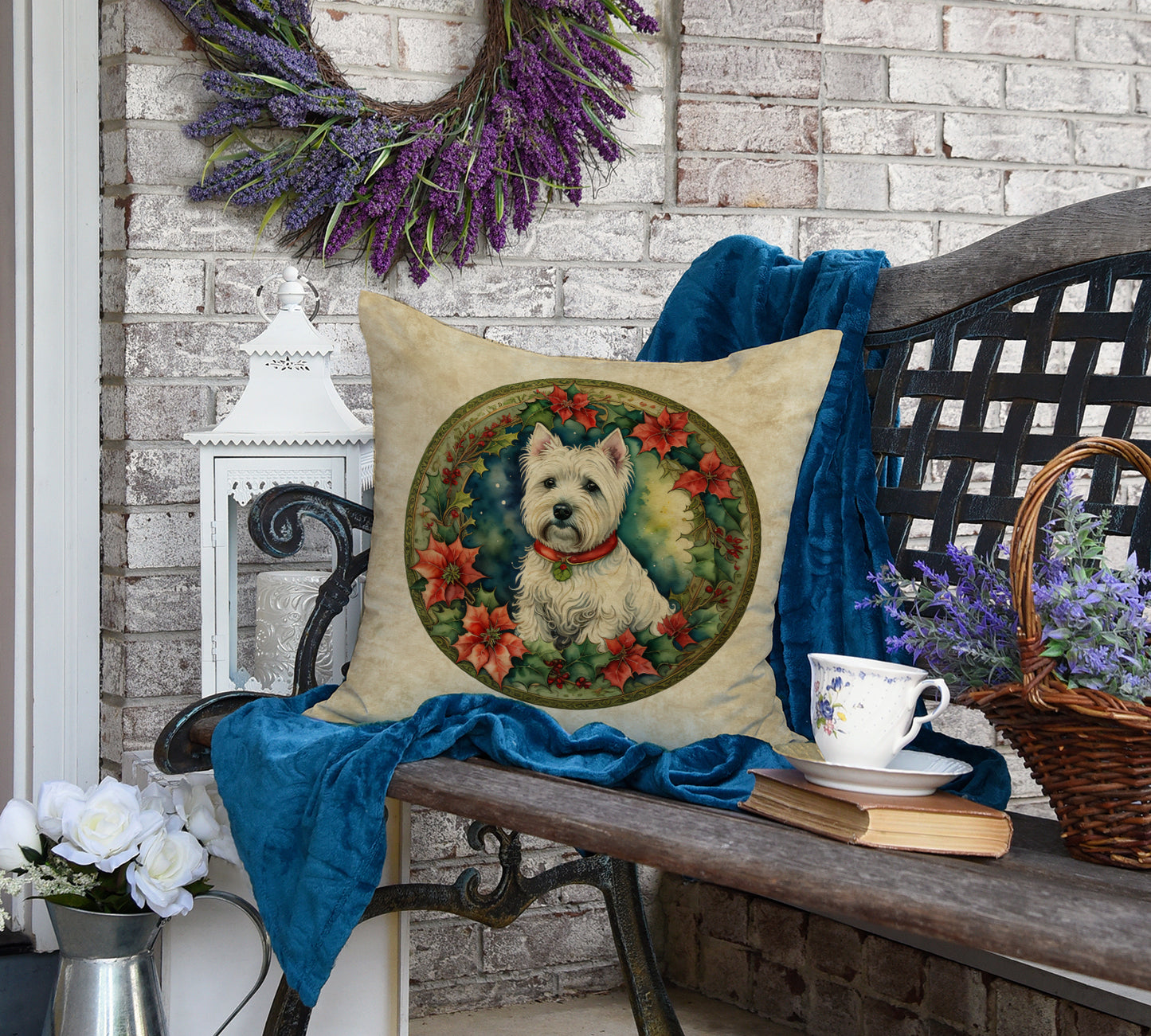 Westie Christmas Flowers Throw Pillow