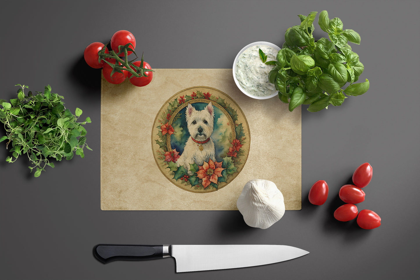 Westie Christmas Flowers Glass Cutting Board