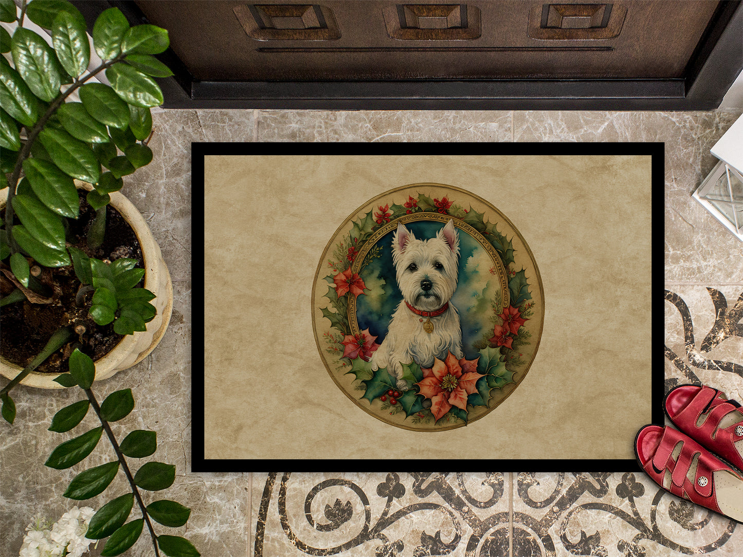 Westie Christmas Flowers Doormat