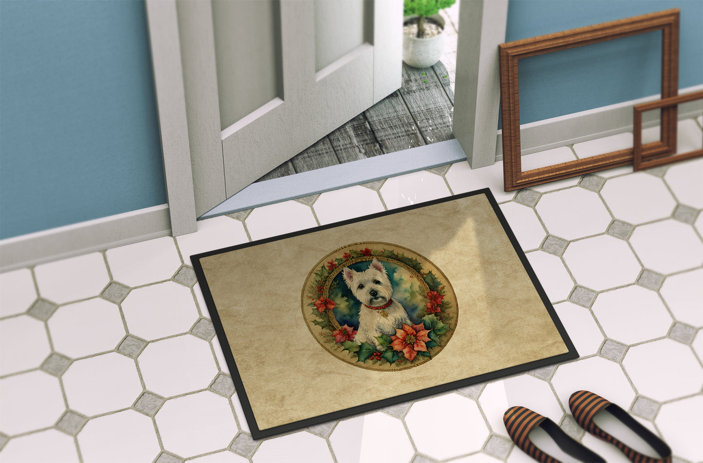 Westie Christmas Flowers Doormat