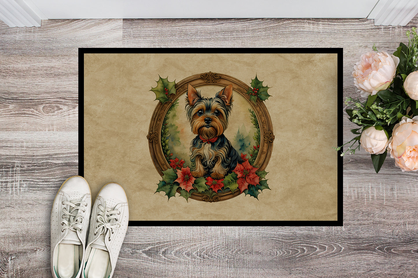 Yorkie Christmas Flowers Doormat