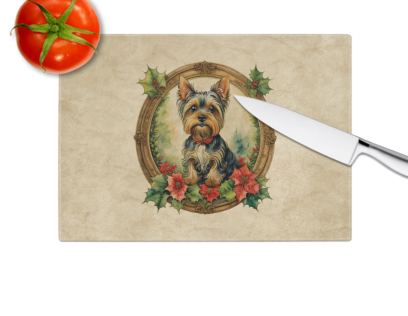 Yorkie Christmas Flowers Glass Cutting Board