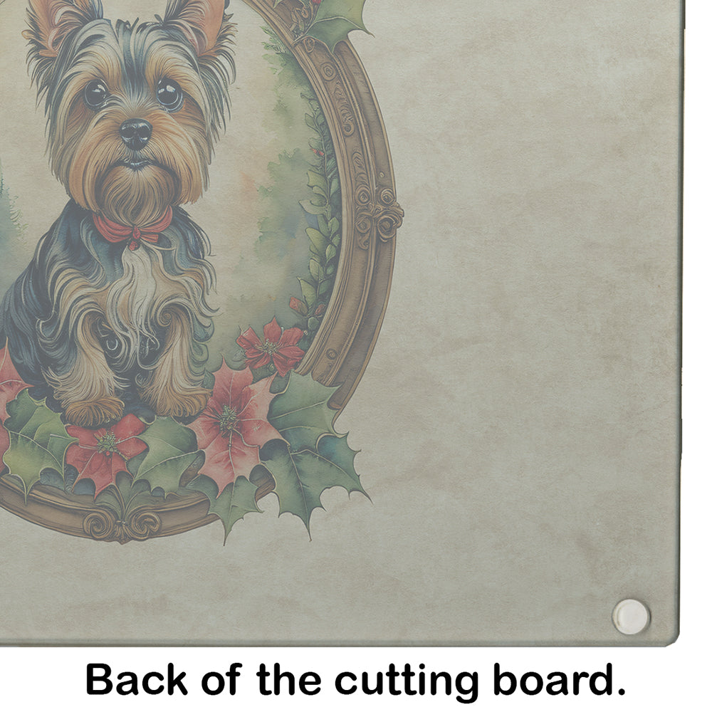 Yorkie Christmas Flowers Glass Cutting Board