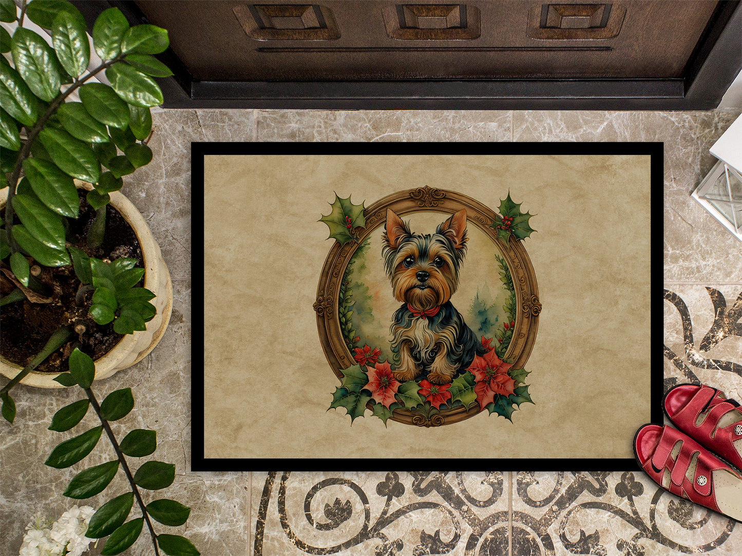 Yorkie Christmas Flowers Doormat