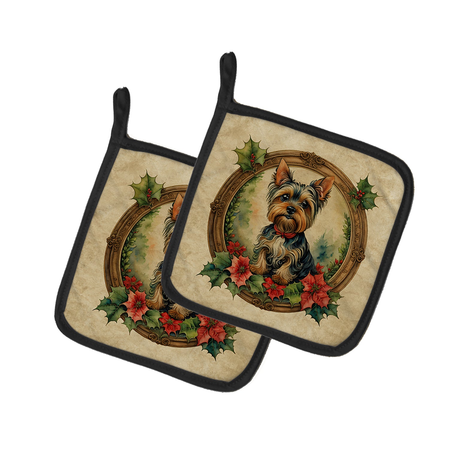 Buy this Yorkie Christmas Flowers Pair of Pot Holders