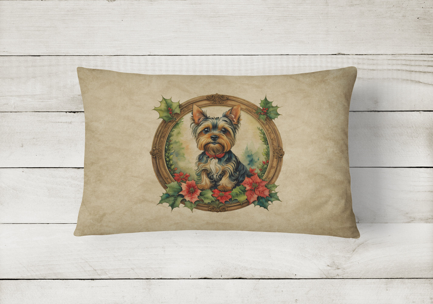 Yorkie Christmas Flowers Throw Pillow