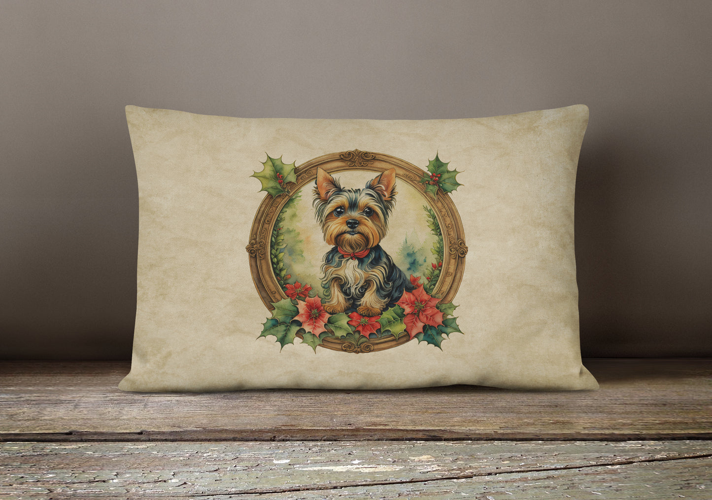 Yorkie Christmas Flowers Throw Pillow