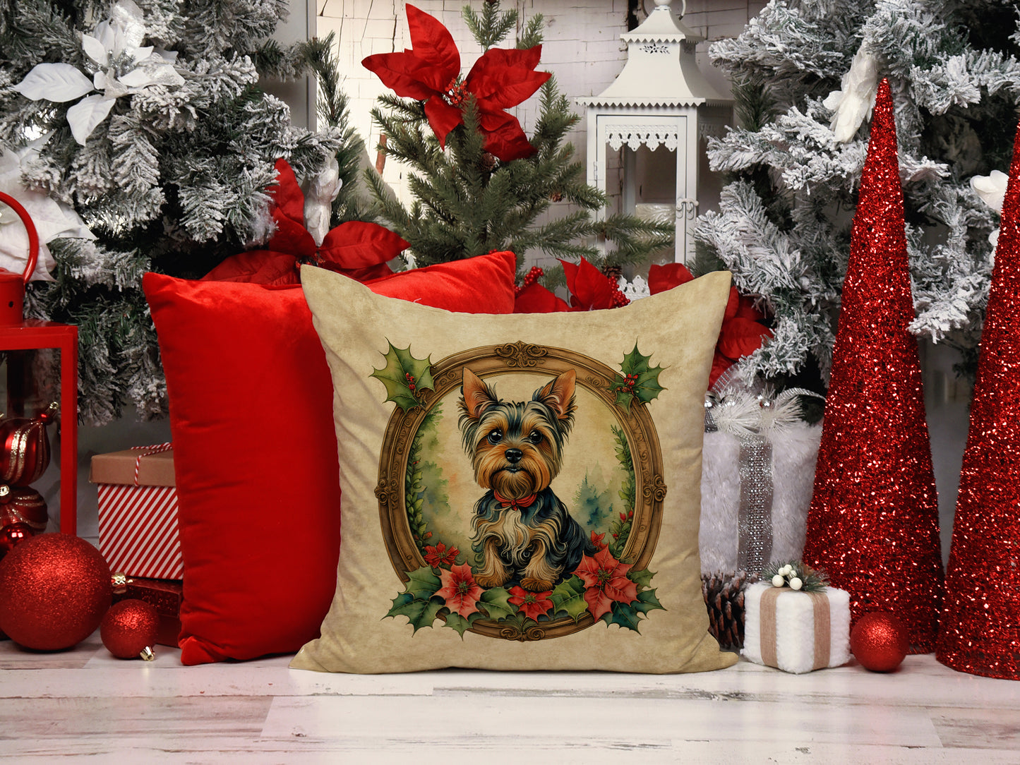 Yorkie Christmas Flowers Throw Pillow