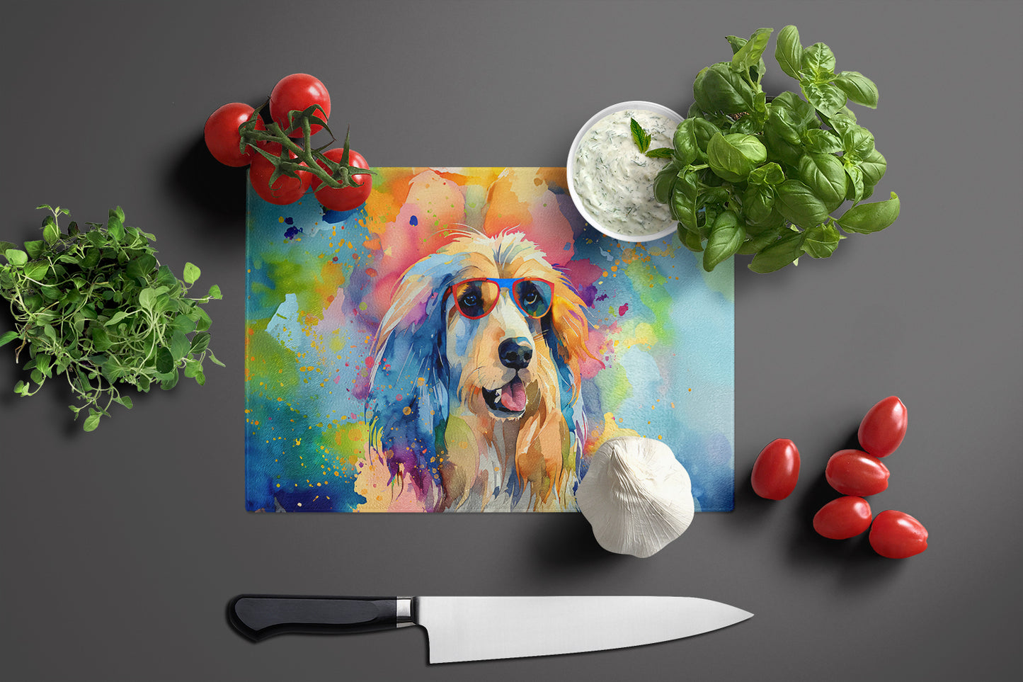 Afghan Hound Hippie Dawg Glass Cutting Board