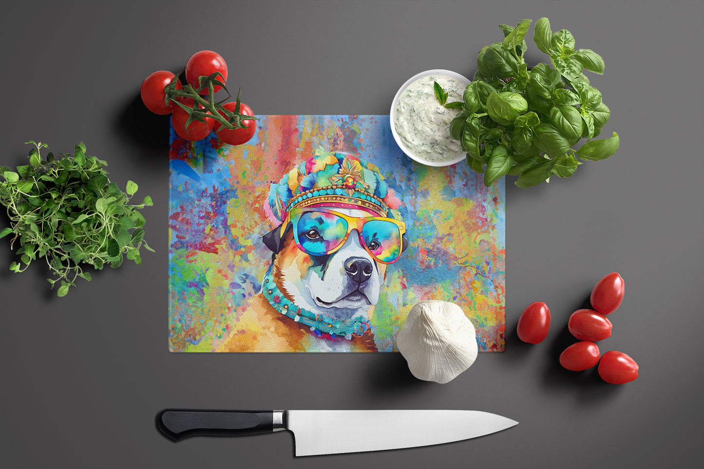 Akita Hippie Dawg Glass Cutting Board