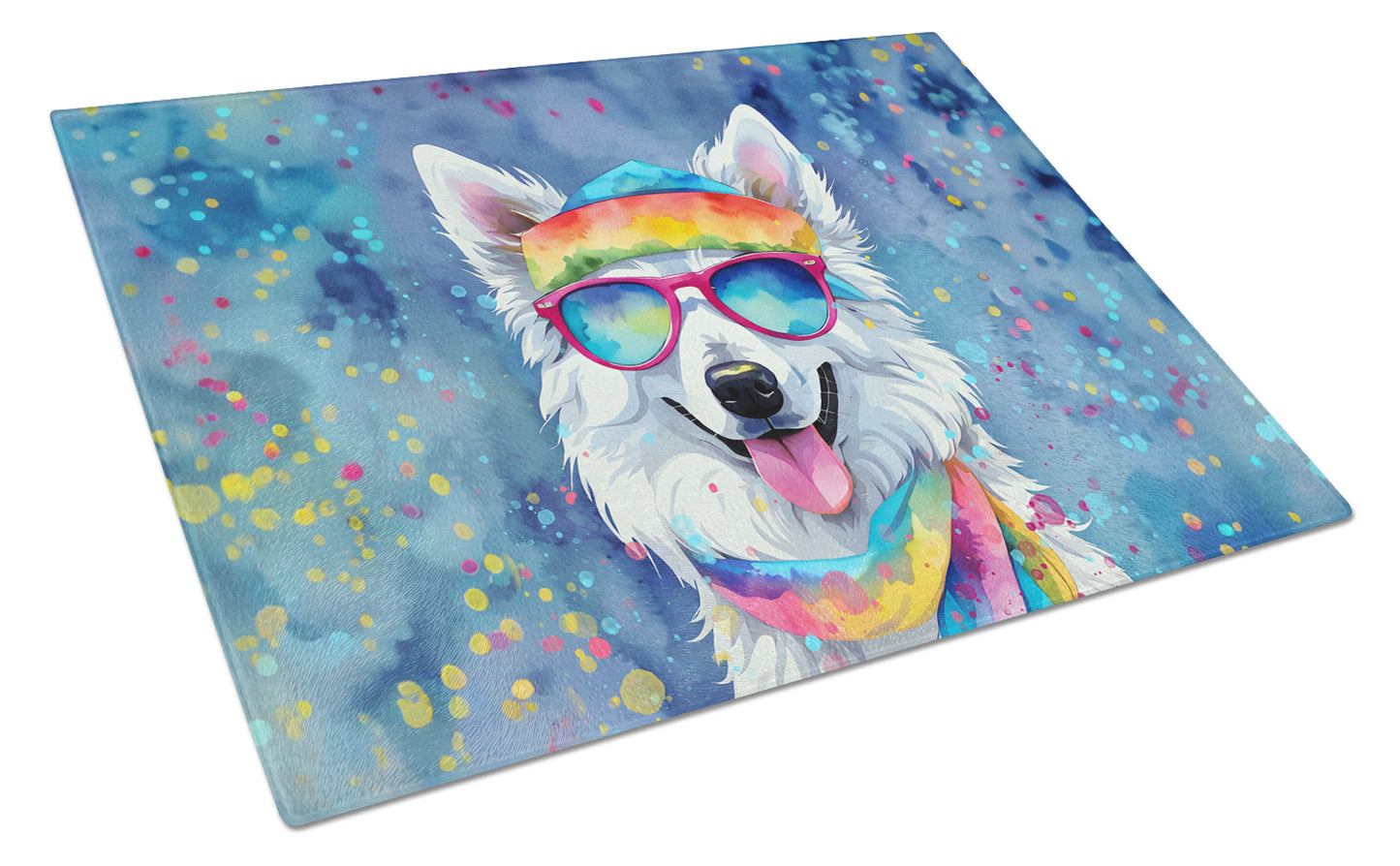 Buy this American Eskimo Hippie Dawg Glass Cutting Board