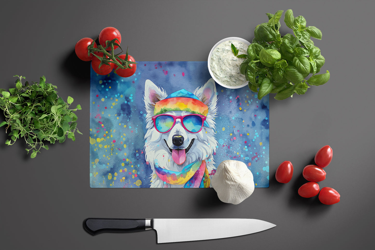 American Eskimo Hippie Dawg Glass Cutting Board