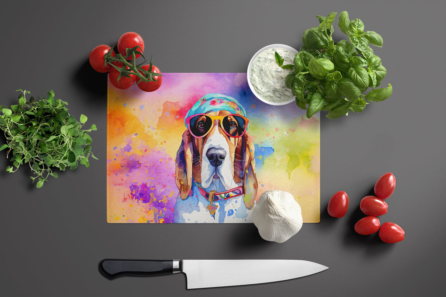 Basset Hound Hippie Dawg Glass Cutting Board