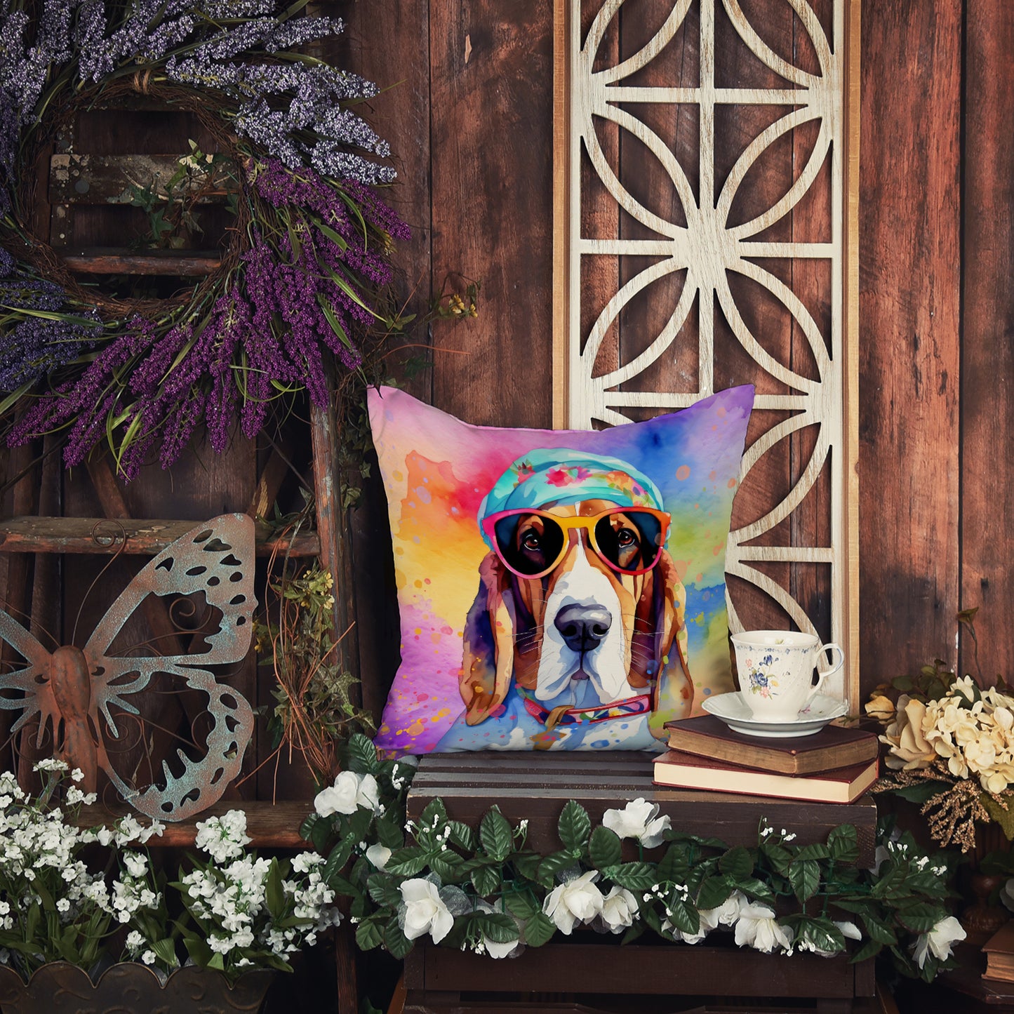 Basset Hound Hippie Dawg Throw Pillow