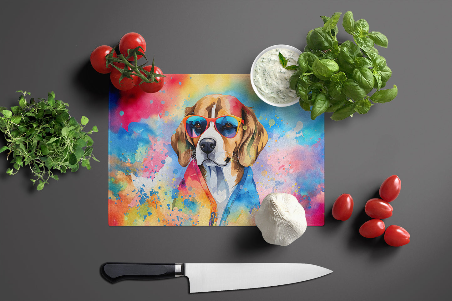 Beagle Hippie Dawg Glass Cutting Board