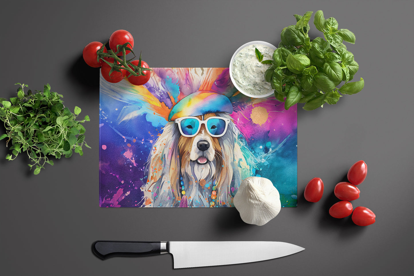 Bearded Collie Hippie Dawg Glass Cutting Board