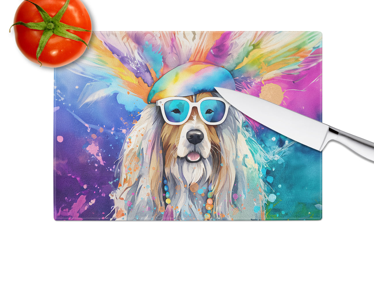 Bearded Collie Hippie Dawg Glass Cutting Board