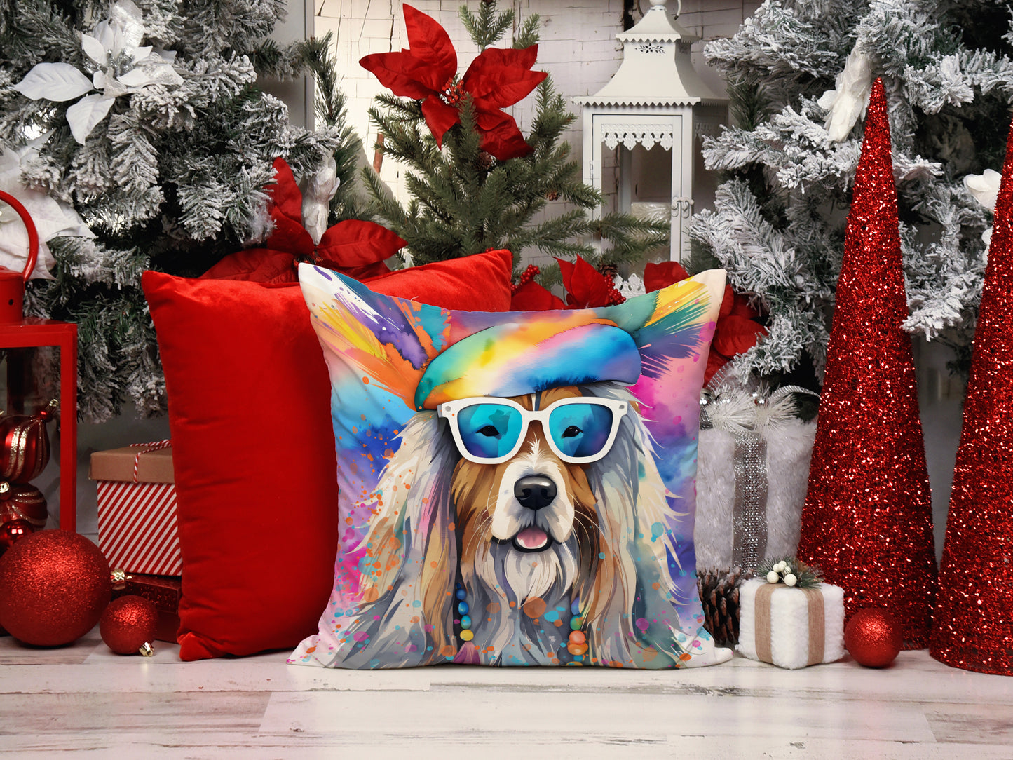 Bearded Collie Hippie Dawg Throw Pillow