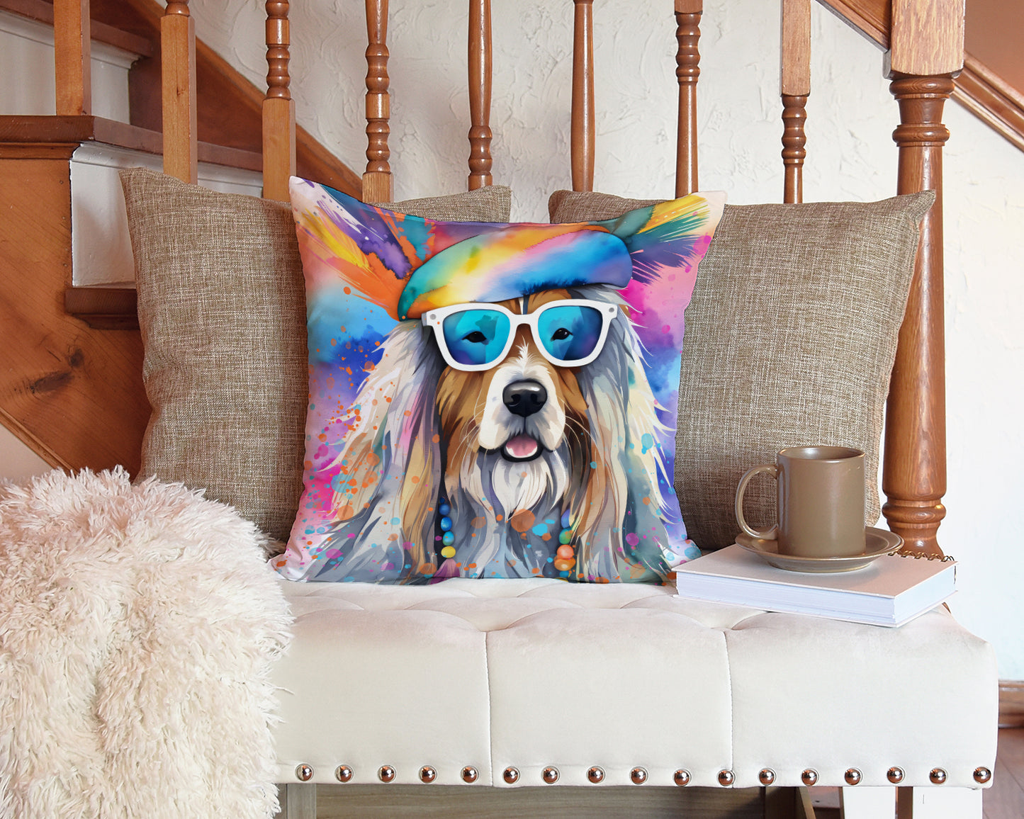 Bearded Collie Hippie Dawg Throw Pillow