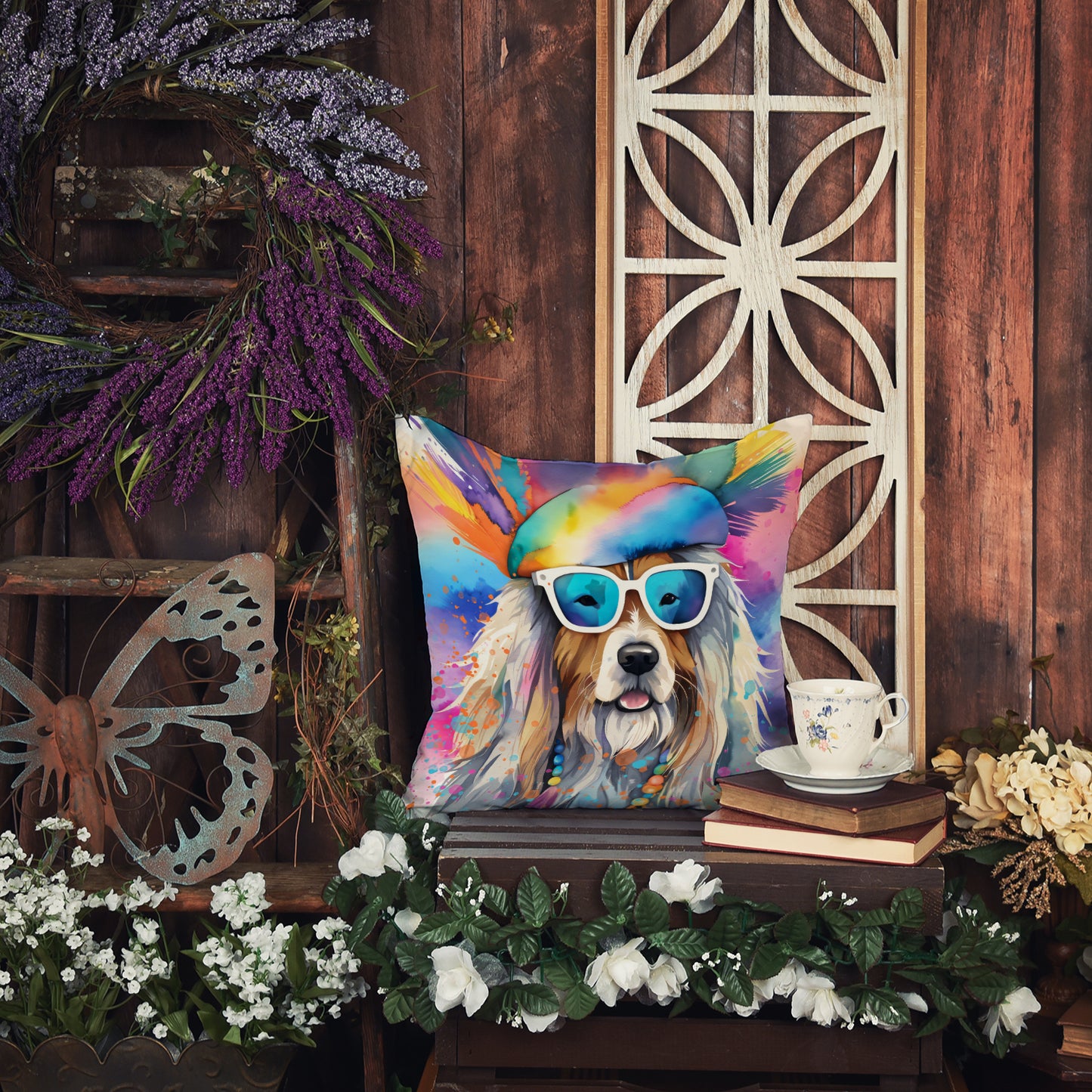 Bearded Collie Hippie Dawg Throw Pillow