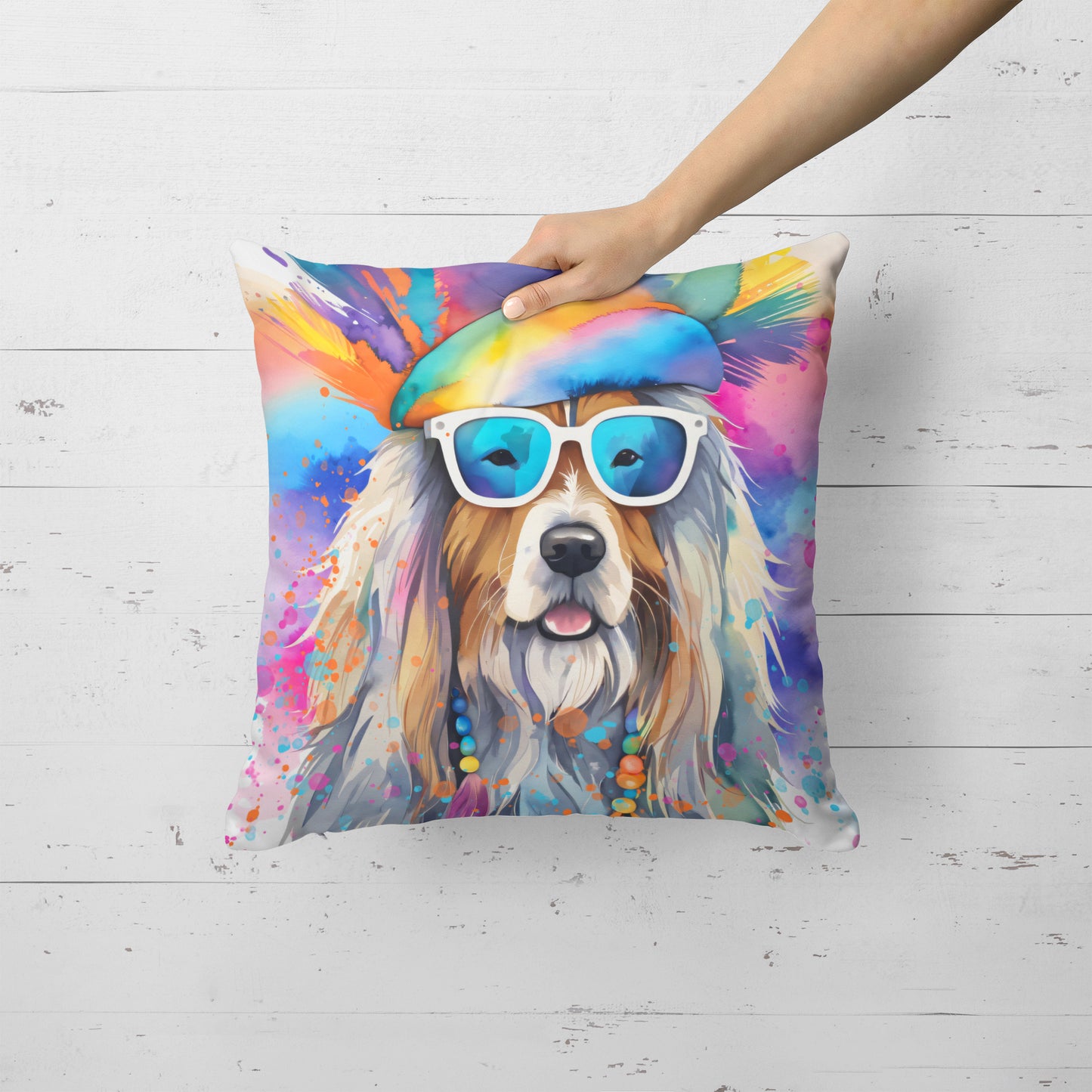 Bearded Collie Hippie Dawg Throw Pillow