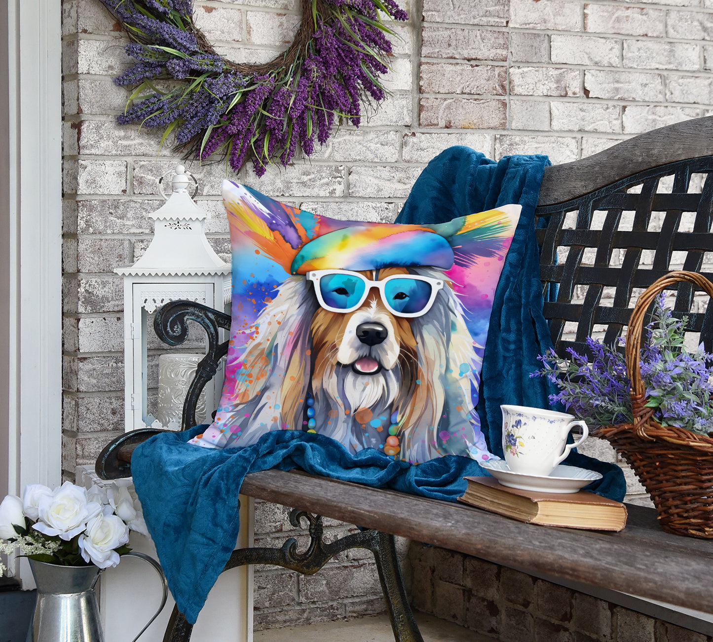 Bearded Collie Hippie Dawg Throw Pillow