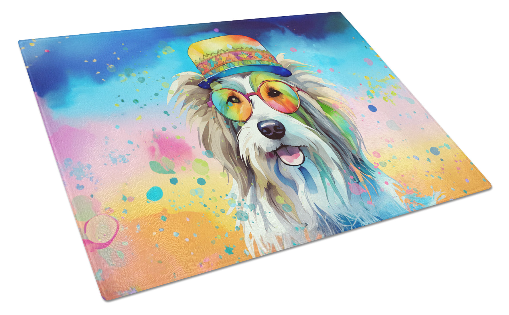 Buy this Bearded Collie Hippie Dawg Glass Cutting Board