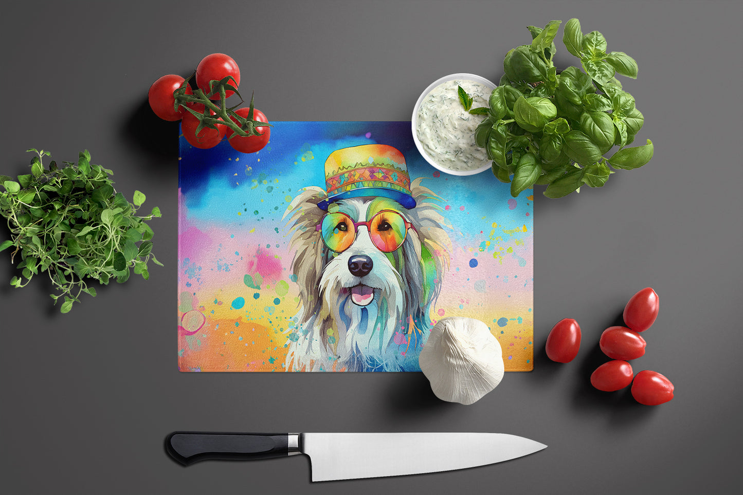 Bearded Collie Hippie Dawg Glass Cutting Board