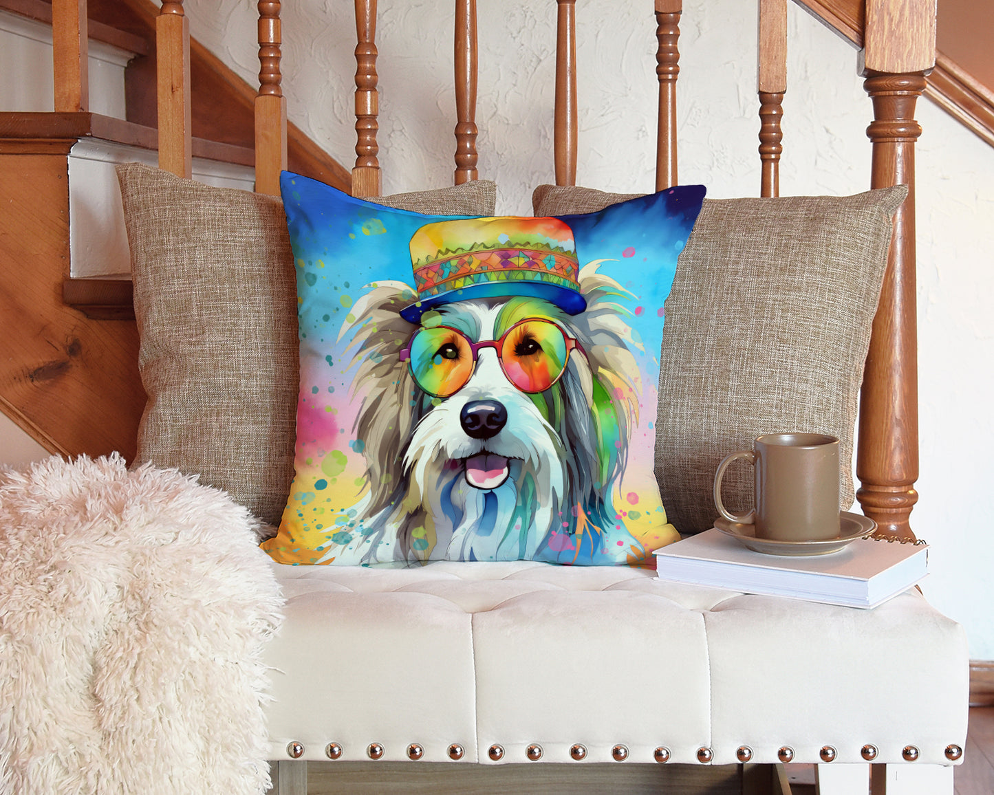 Bearded Collie Hippie Dawg Throw Pillow