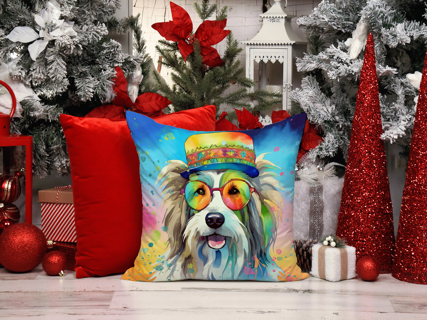 Bearded Collie Hippie Dawg Throw Pillow