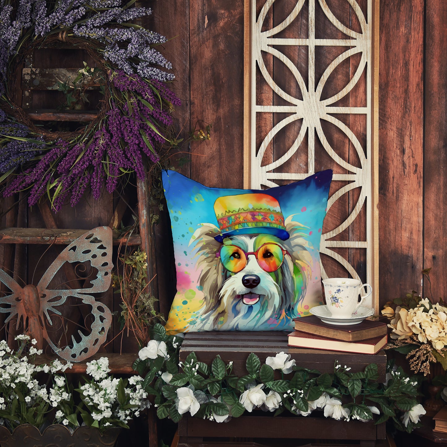 Bearded Collie Hippie Dawg Throw Pillow