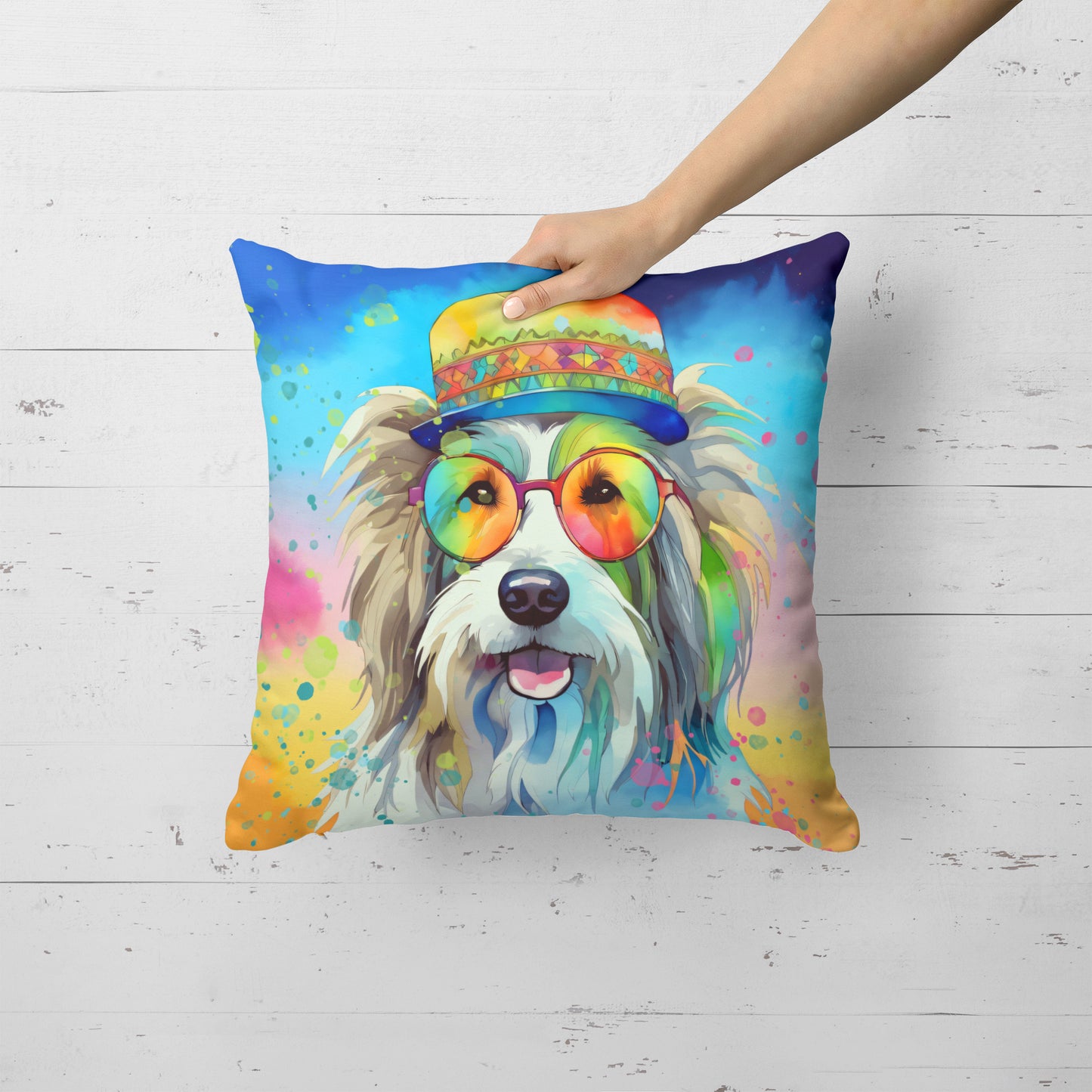 Bearded Collie Hippie Dawg Throw Pillow