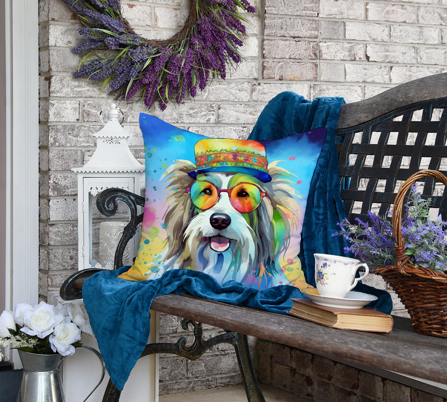 Bearded Collie Hippie Dawg Throw Pillow