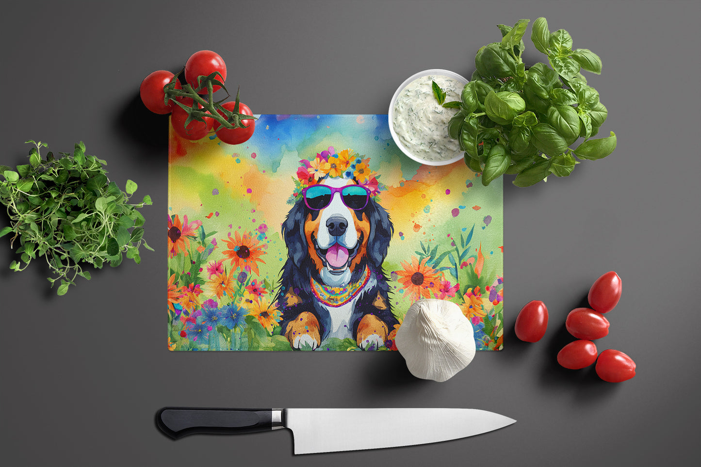 Bernese Mountain Dog Hippie Dawg Glass Cutting Board