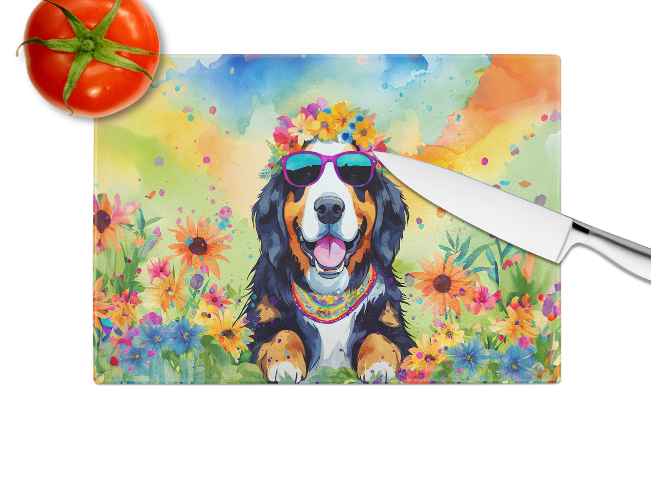 Bernese Mountain Dog Hippie Dawg Glass Cutting Board