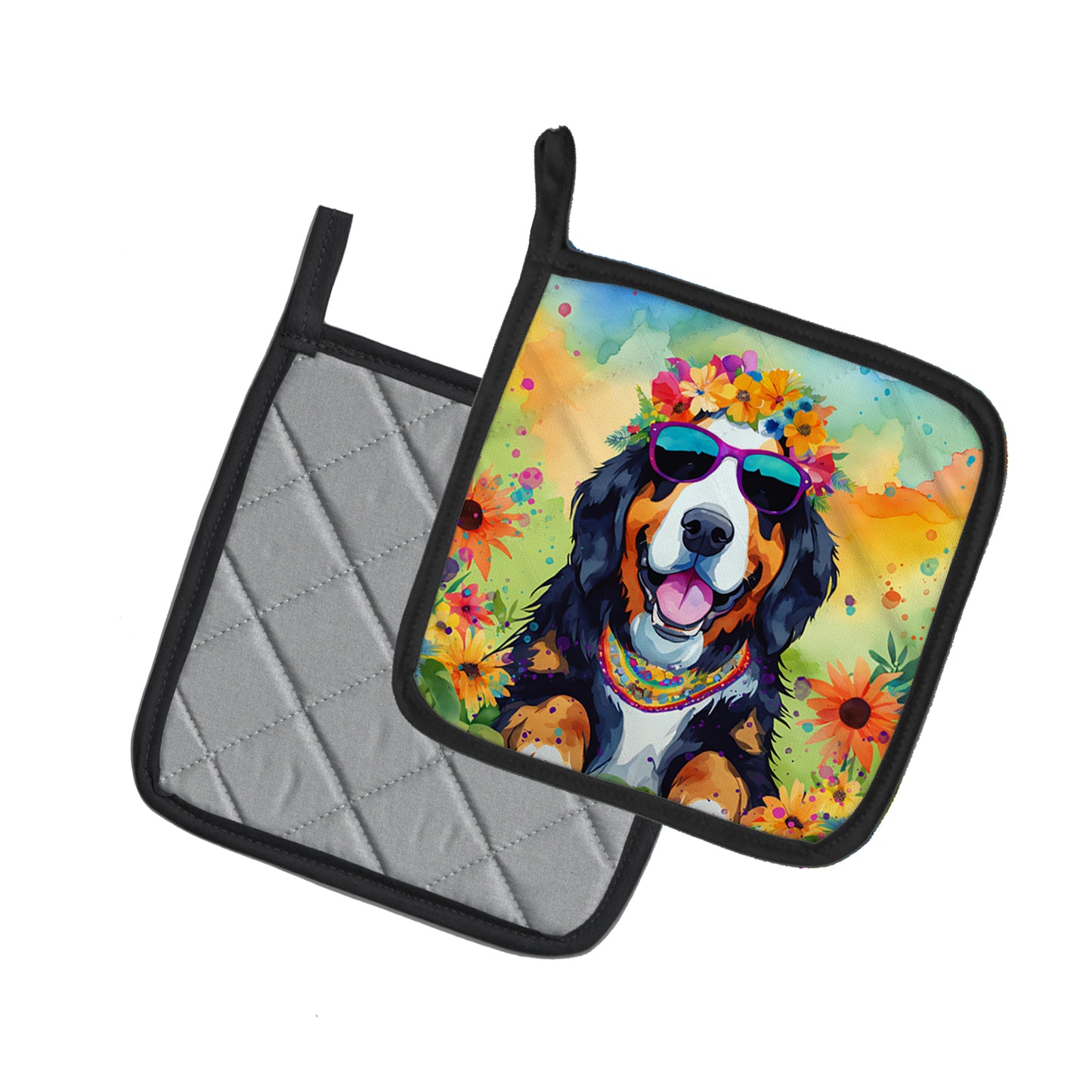 Bernese Mountain Dog Hippie Dawg Pair of Pot Holders