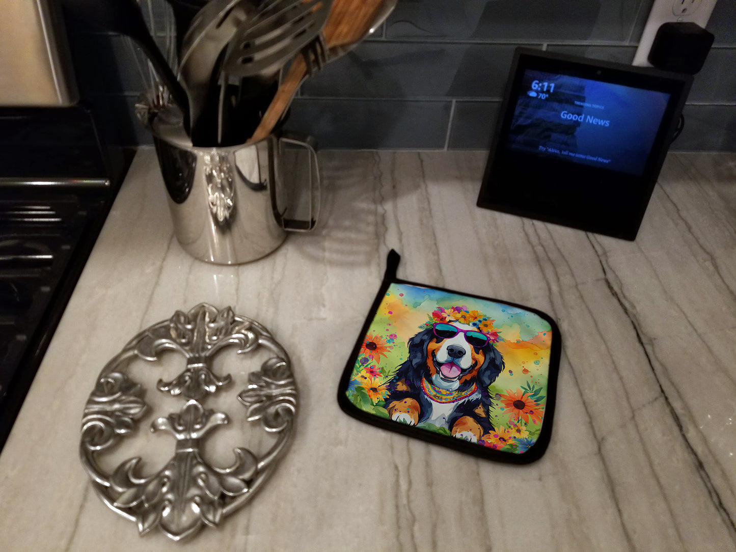 Bernese Mountain Dog Hippie Dawg Pair of Pot Holders