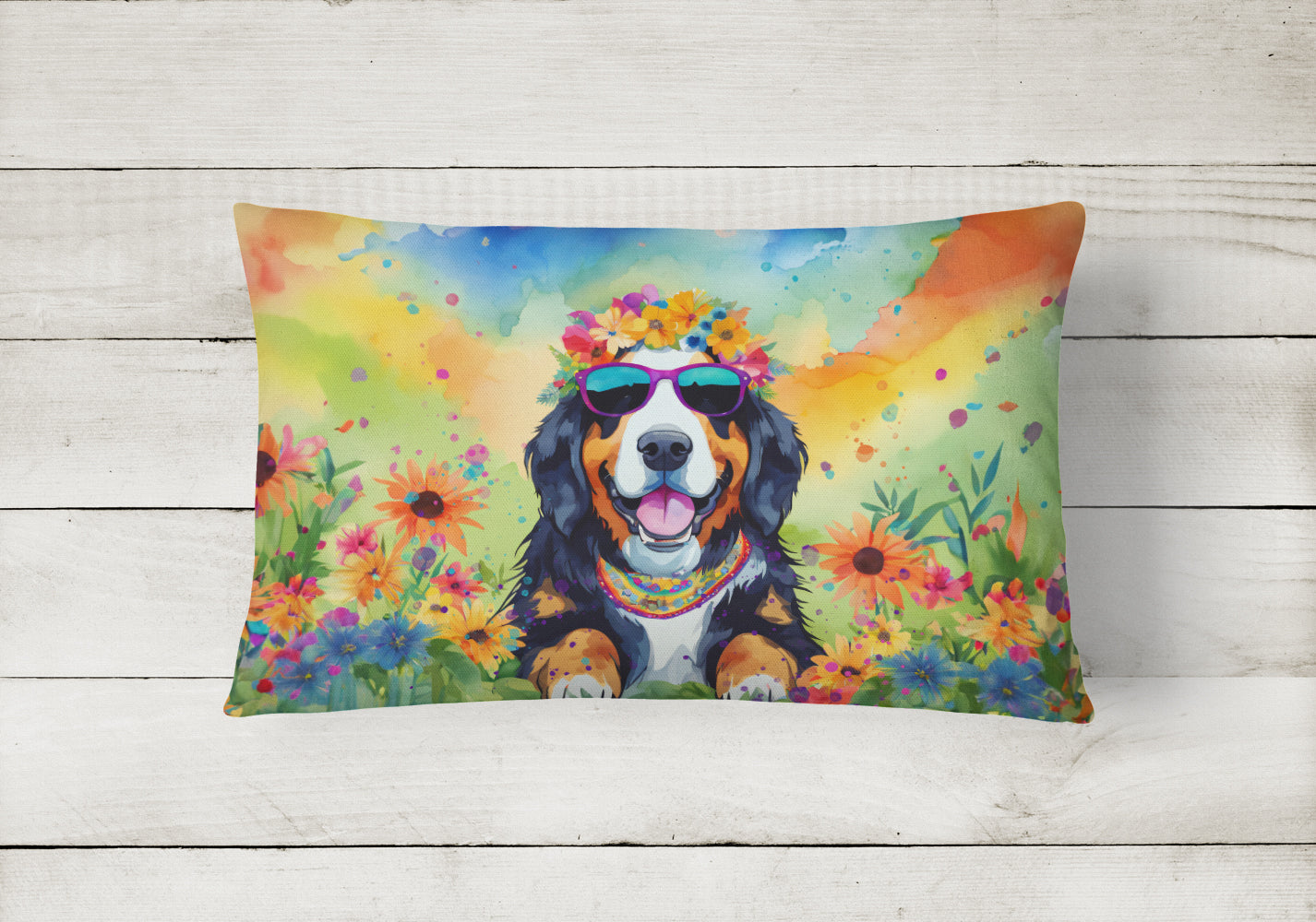 Bernese Mountain Dog Hippie Dawg Throw Pillow