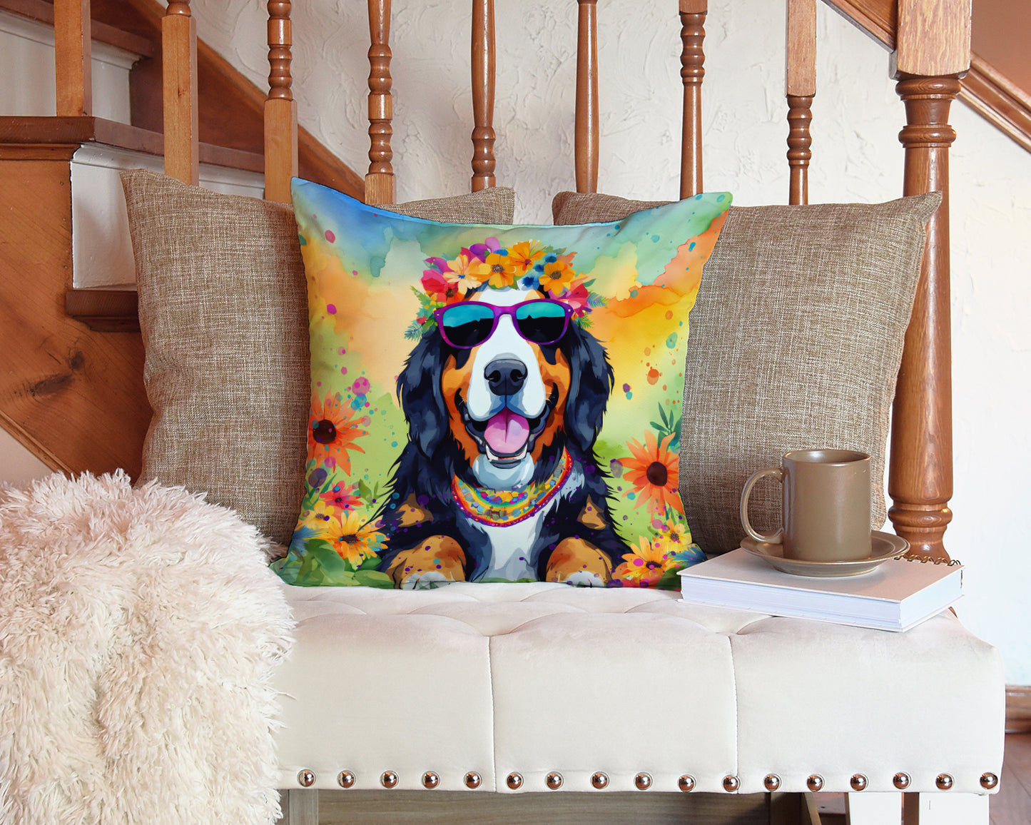 Bernese Mountain Dog Hippie Dawg Throw Pillow