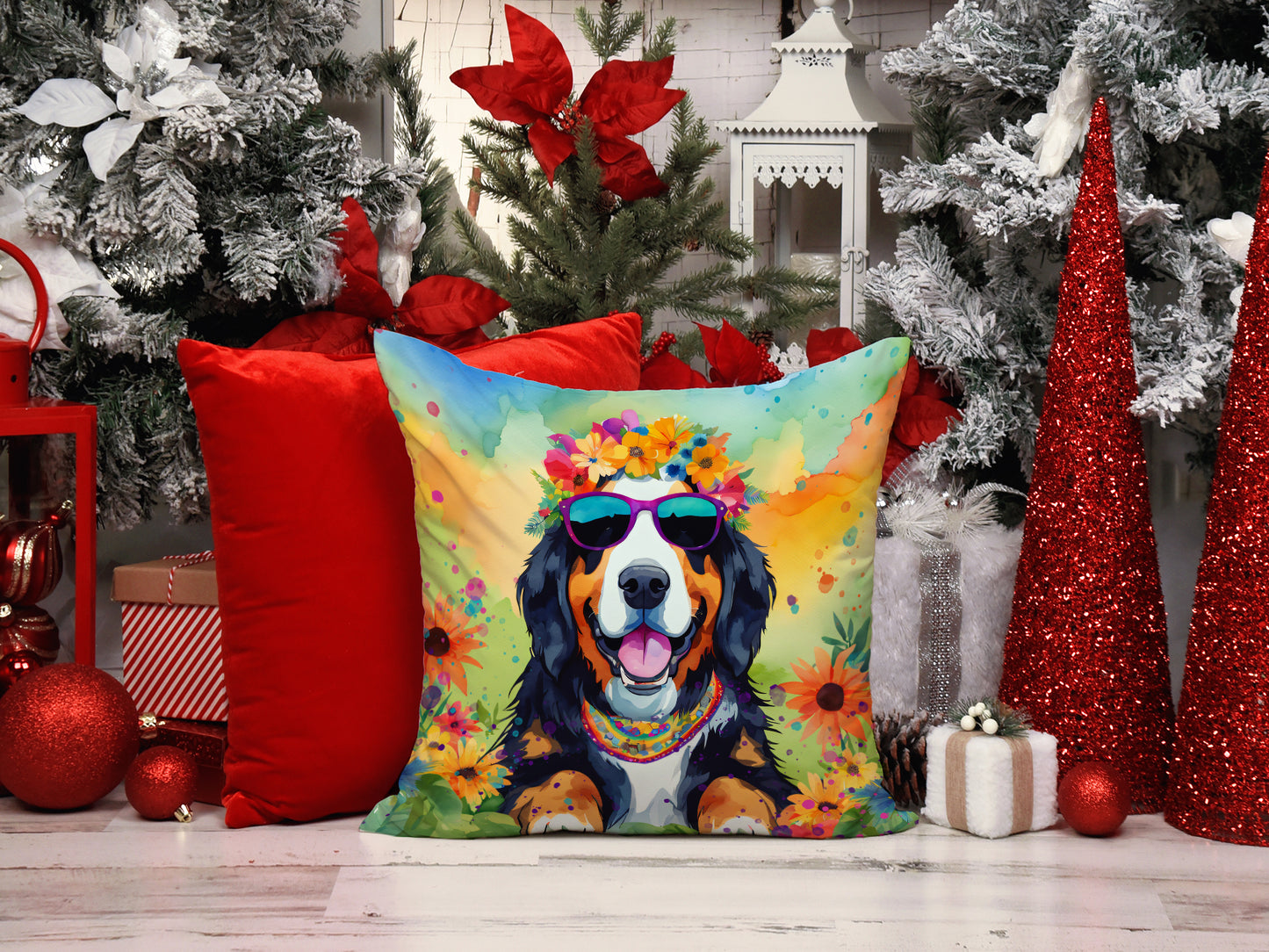 Bernese Mountain Dog Hippie Dawg Throw Pillow