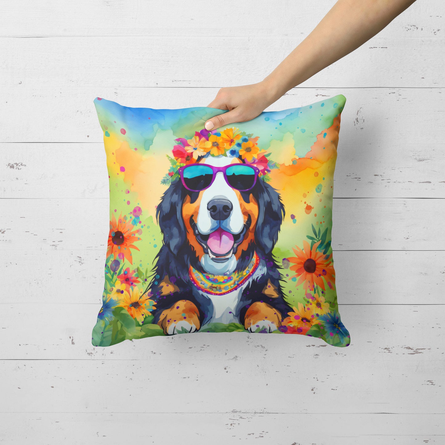 Bernese Mountain Dog Hippie Dawg Throw Pillow