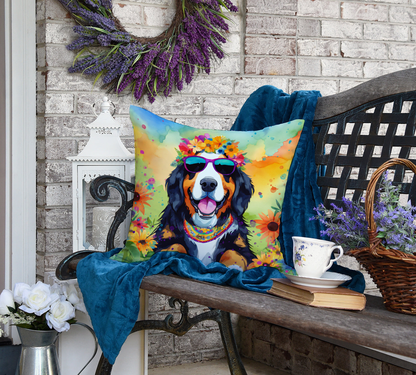 Bernese Mountain Dog Hippie Dawg Throw Pillow