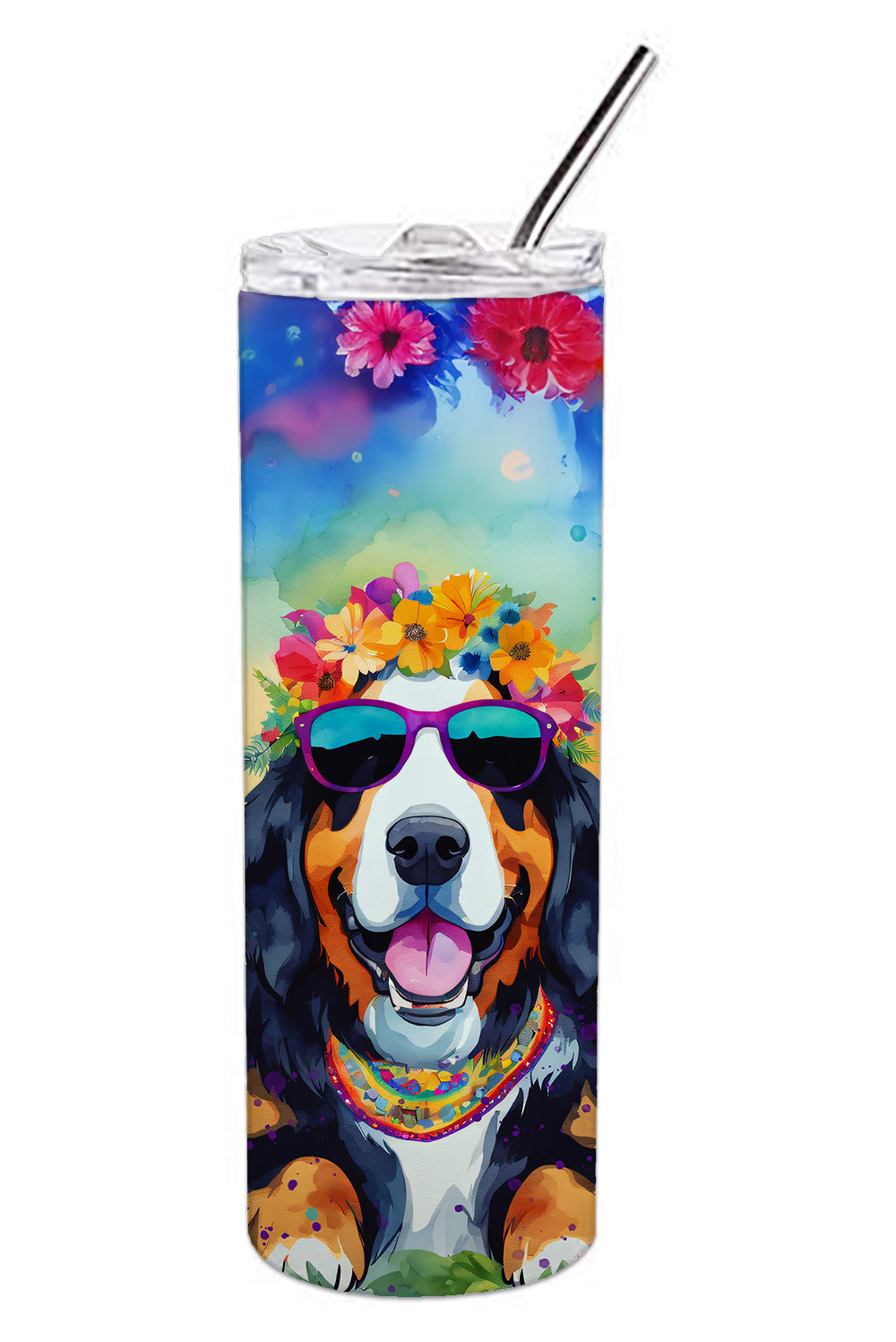 Bernese Mountain Dog Hippie Dawg Stainless Steel Skinny Tumbler