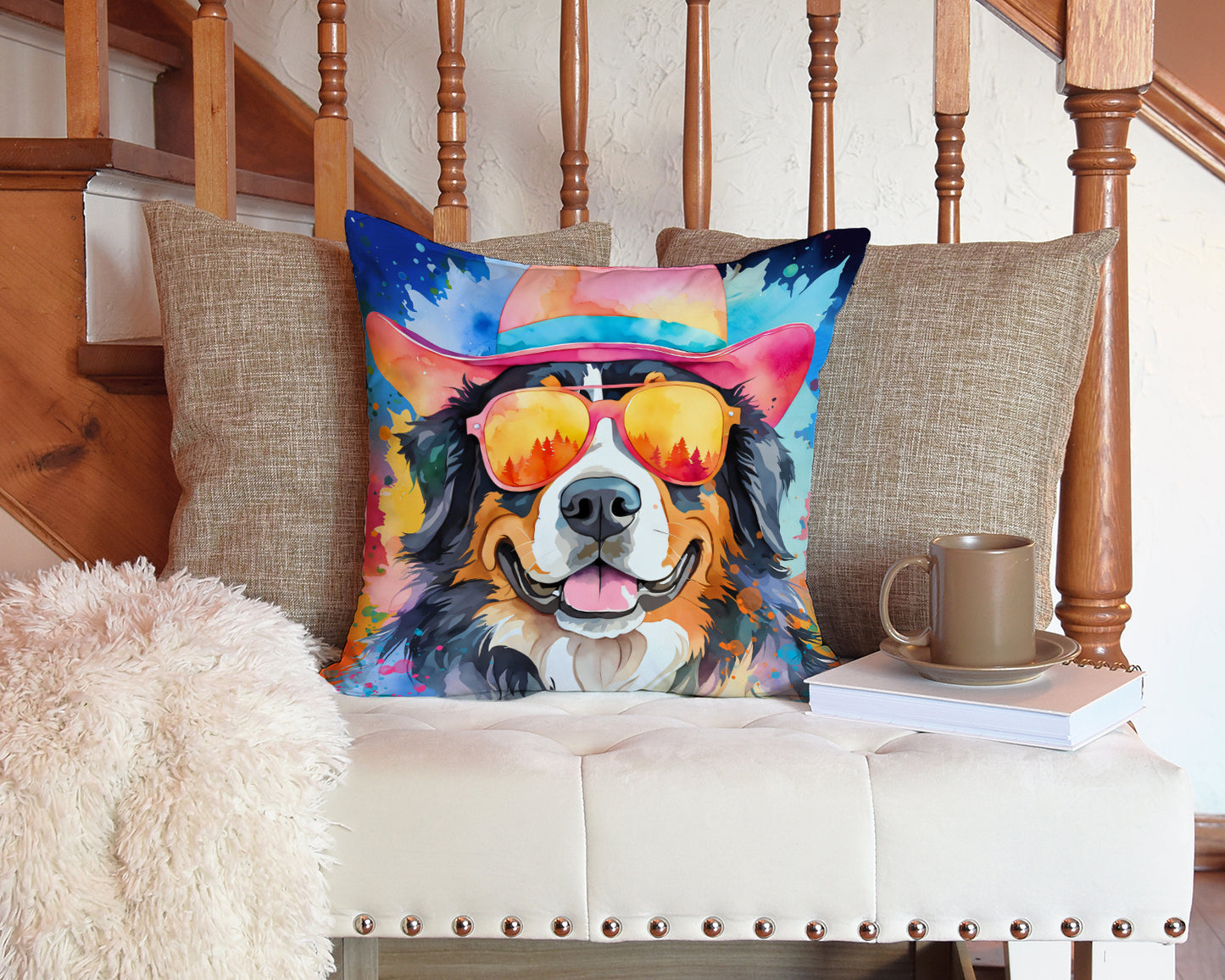 Bernese Mountain Dog Hippie Dawg Throw Pillow