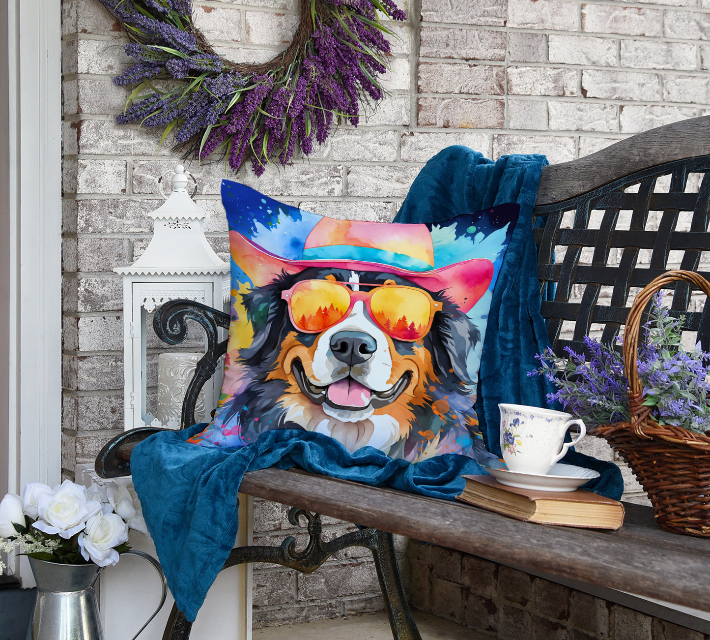 Bernese Mountain Dog Hippie Dawg Throw Pillow