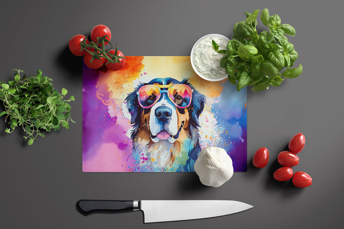 Bernese Mountain Dog Hippie Dawg Glass Cutting Board