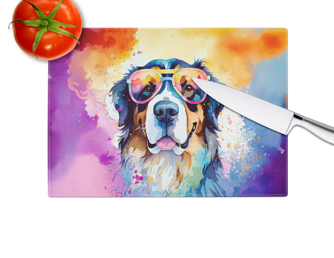 Bernese Mountain Dog Hippie Dawg Glass Cutting Board