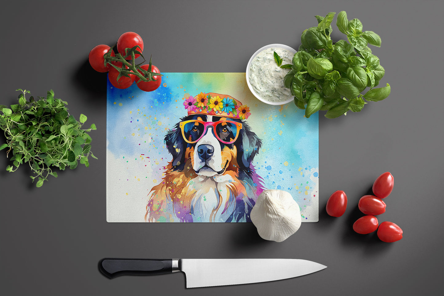 Bernese Mountain Dog Hippie Dawg Glass Cutting Board