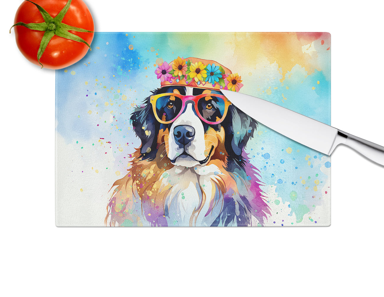 Bernese Mountain Dog Hippie Dawg Glass Cutting Board